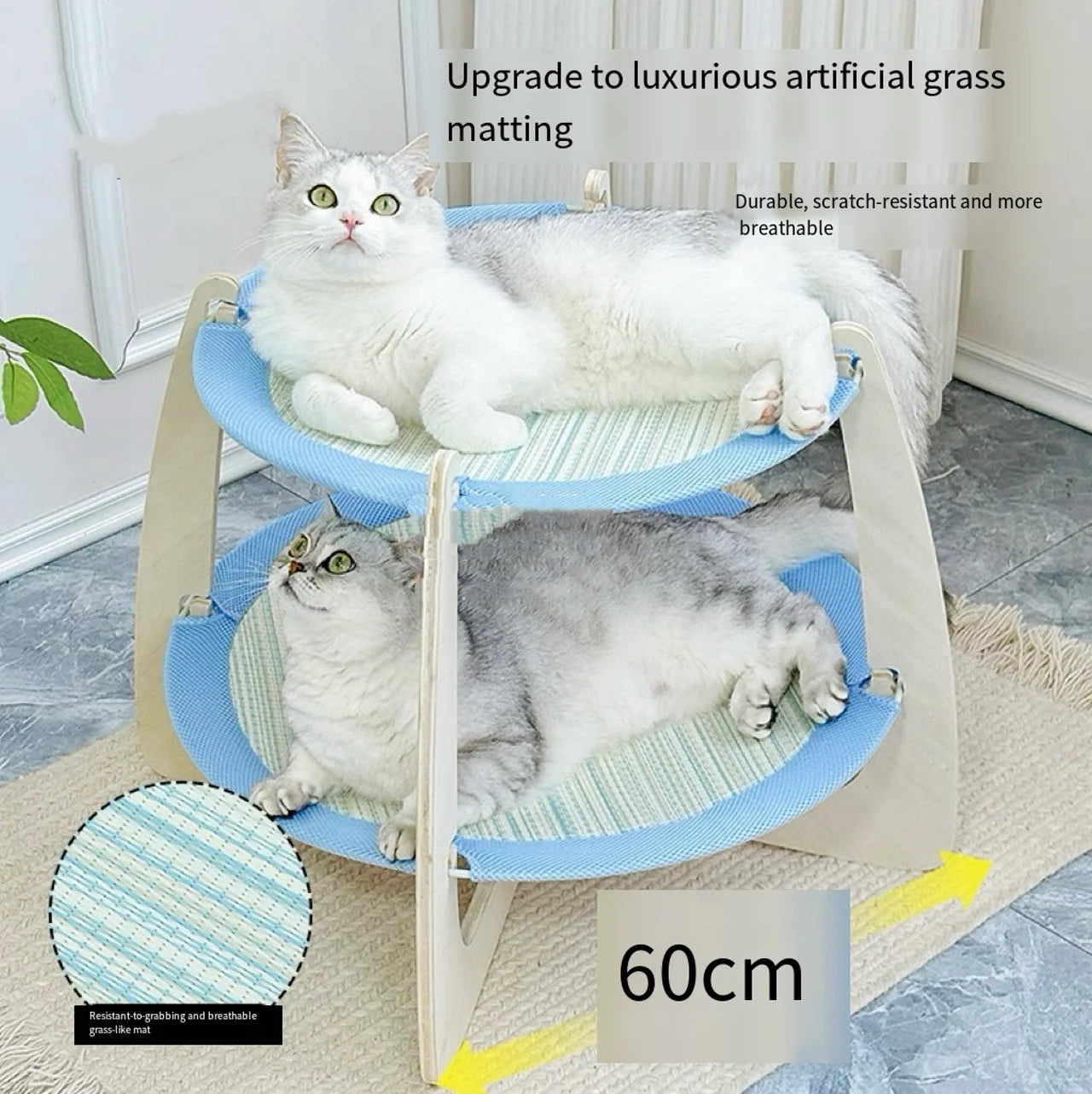 Double - layer Solid Wood Cat Hammock Bed with Rush Mat