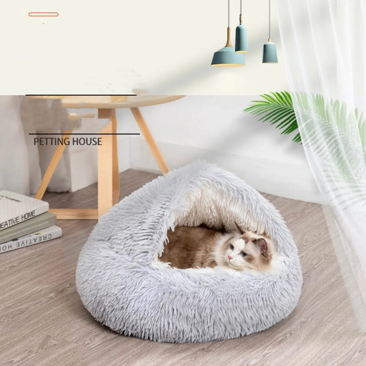 Calming Round Cat Cave Bed with Hooded Cover