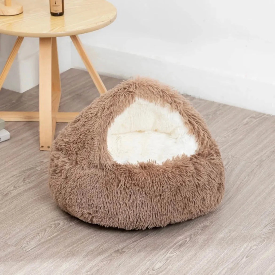 Calming Round Cat Cave Bed with Hooded Cover