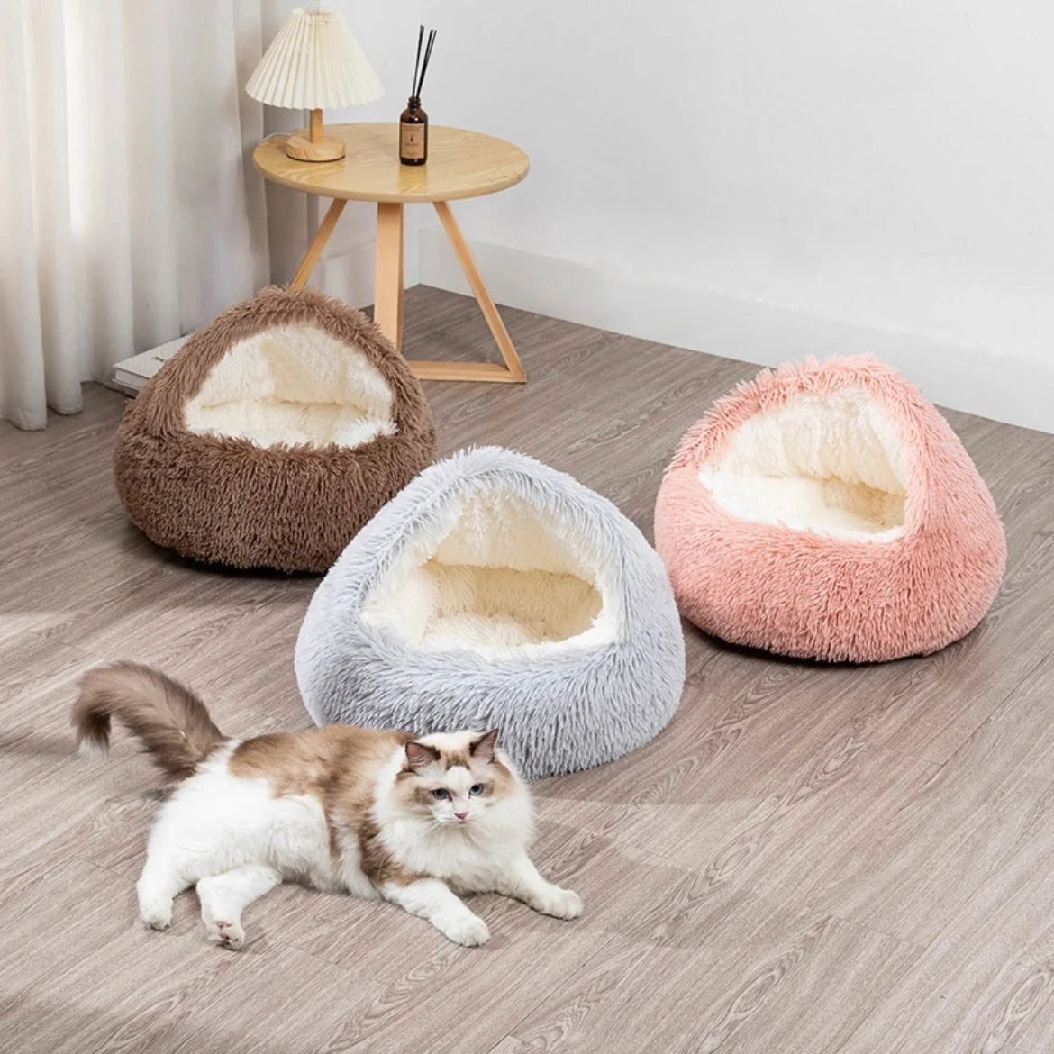 Calming Round Cat Cave Bed with Hooded Cover
