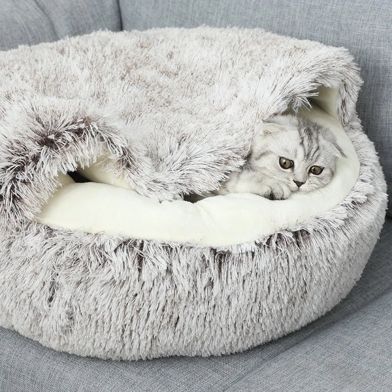 Calming Round Cat Cave Bed with Hooded Cover
