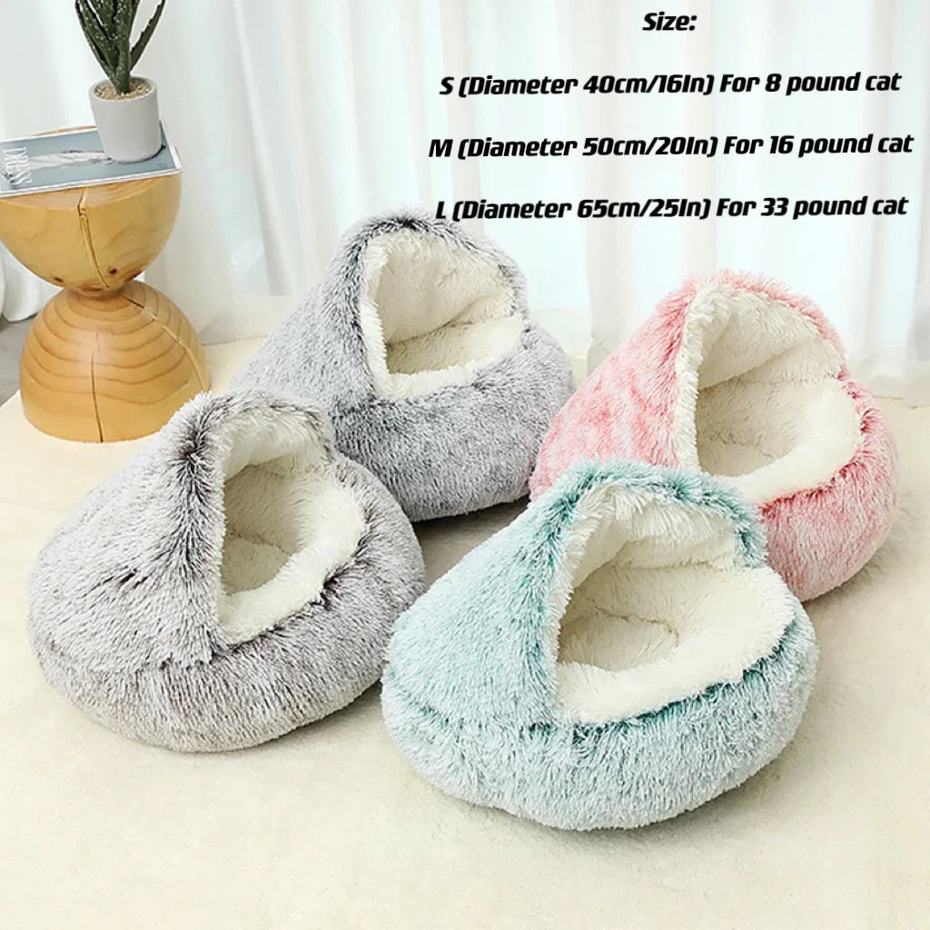 Calming Round Cat Cave Bed with Hooded Cover