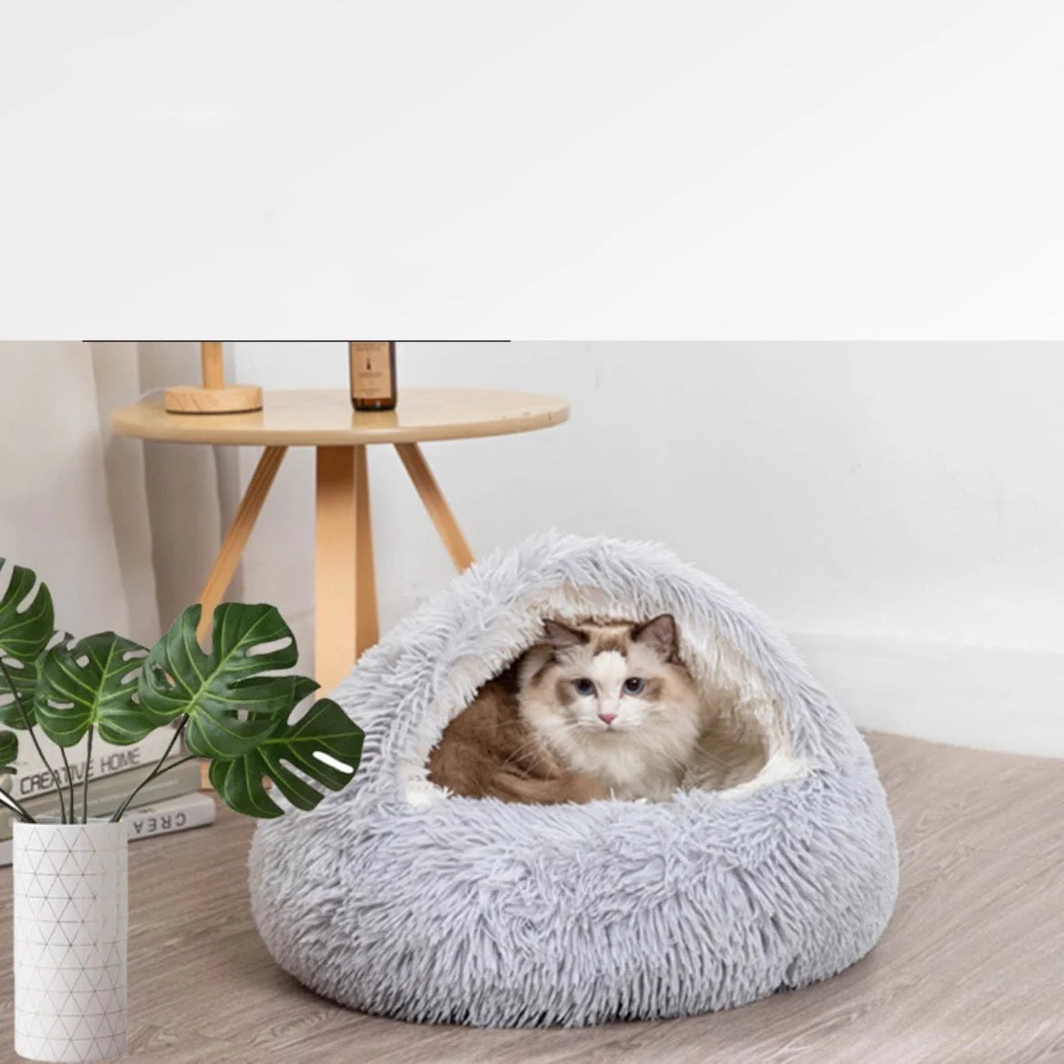 Calming Round Cat Cave Bed with Hooded Cover