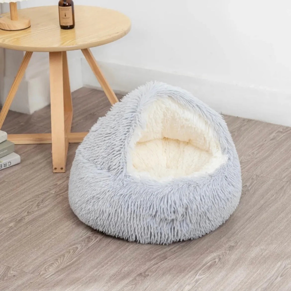 Calming Round Cat Cave Bed with Hooded Cover
